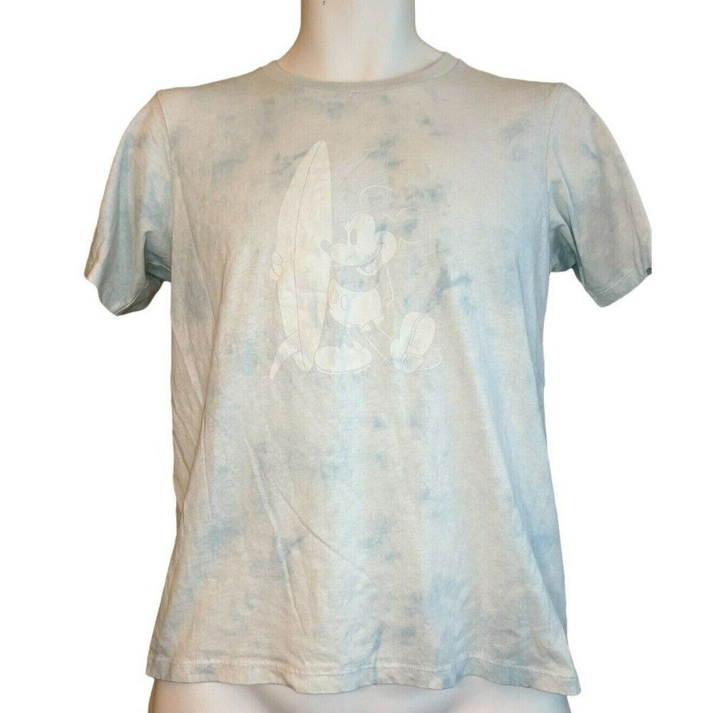UT Uniqlo Mickey Mouse With Surfboard Adult Small T-Shirt Light Blue Tie Dye